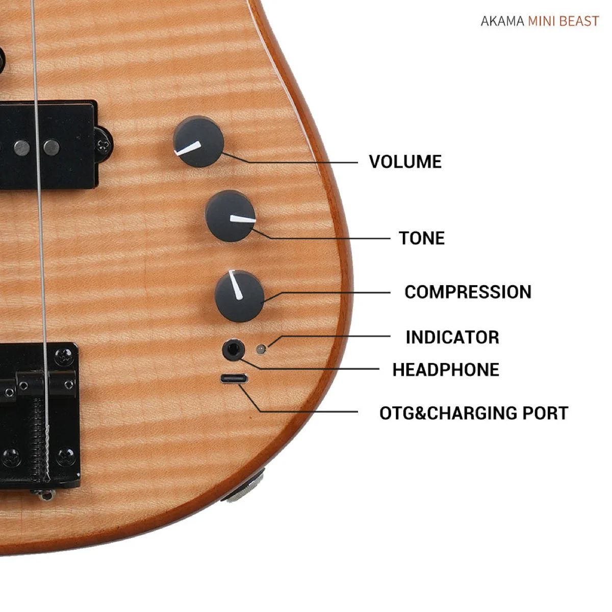 AKAMA Mini Beast Travel Bass w/ Built-in USB-C & Bluetooth Audio 4 String Mahogany & Indian Rosewood MB-DMB-QM - Image 3