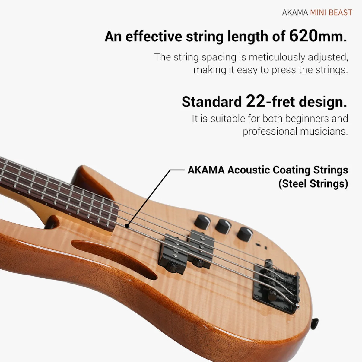 AKAMA Mini Beast Travel Bass w/ Built-in USB-C & Bluetooth Audio 4 String Mahogany & Indian Rosewood MB-DMB-QM - Image 4