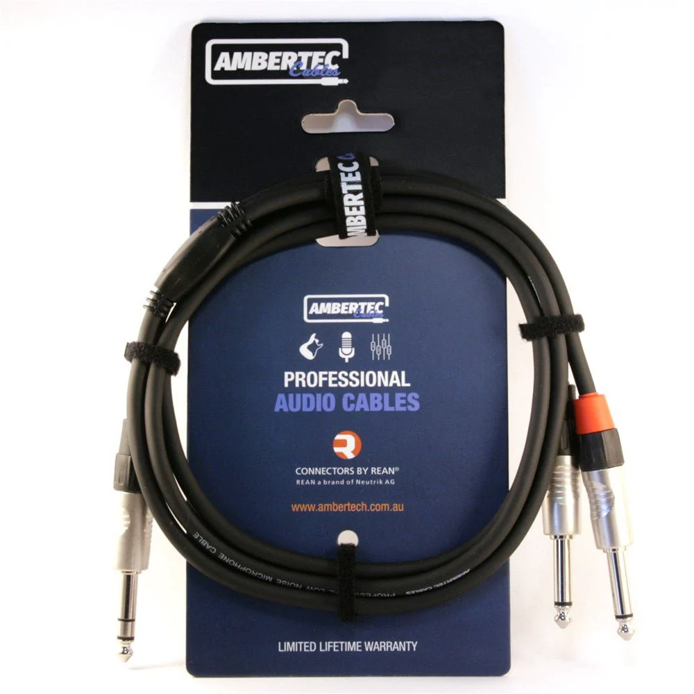 Ambertec Y-Cable 1/4" TRS to Dual 1/4" TS Neutrik REAN Connectors 1.5M