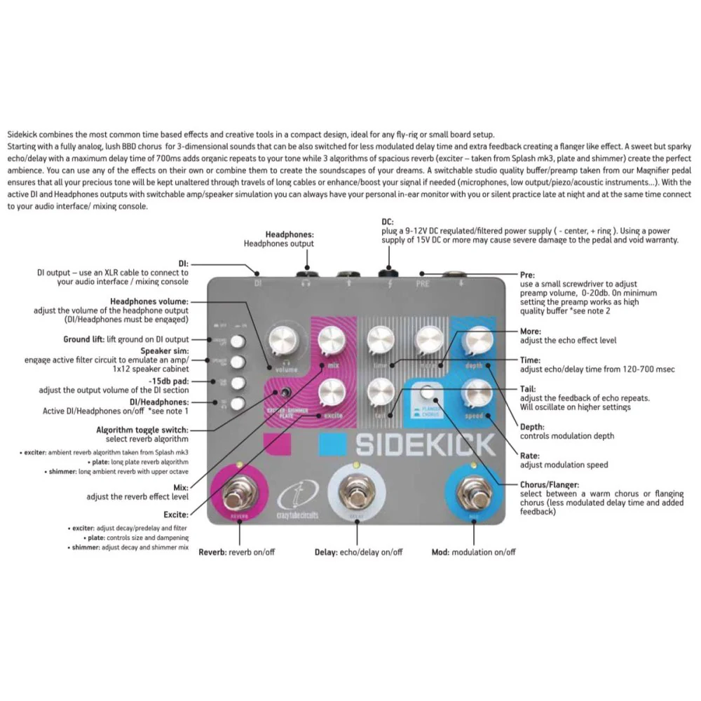 Crazy Tube Circuits SIDEKICK Modulation, Echo & Reverb w/ Preamp, DI & Headphone Out - Image 4