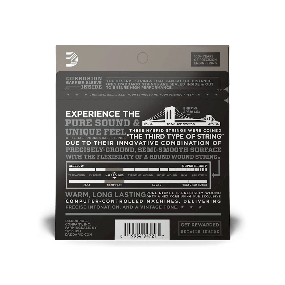 D'Addario ENR71-5 Half Round 5-String Bass Guitar Strings Regular Light 45-130 Long Scale - Image 2