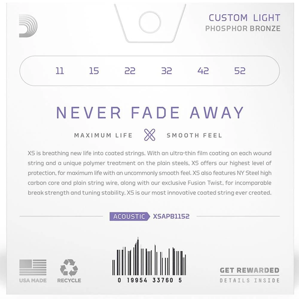 D'Addario XSAPB1152 XS Coated Acoustic Phosphor Bronze Strings - Custom Light Set (11-52) - Image 2