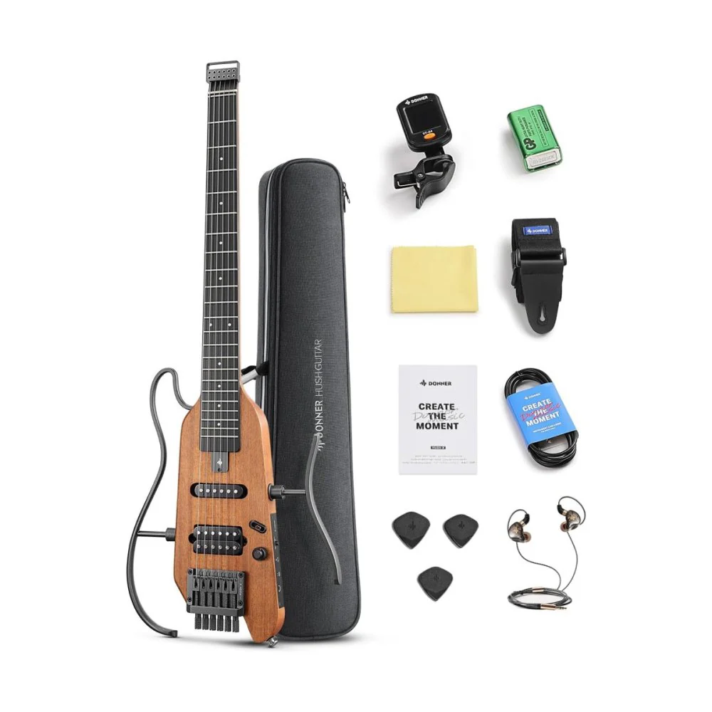 Donner HUSH-X Headless Electric Guitar Kit w/ Carry-On Case & Accessories Natural
