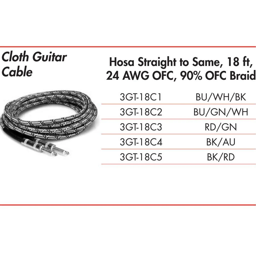 Hosa 3GT18C3 Cloth Guitar Cable Straight to Same 18 Ft / 5.5m Red Green - Image 3