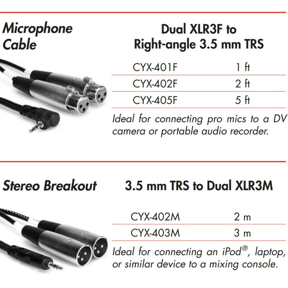 Hosa CYX402F Camera Microphone Y-Cable Dual XLR f To RIGHT-ANGLE 3.5mm TRS 2 Ft / 0.6m - Image 3