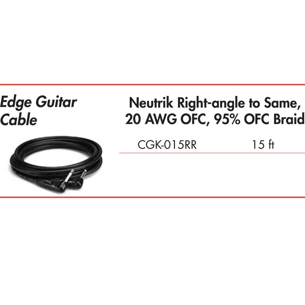 Hosa EDGE CGK015RR Neutrik Guitar Cable RIGHT-ANGLE To Same 15 FT / 4.5 M - Image 3