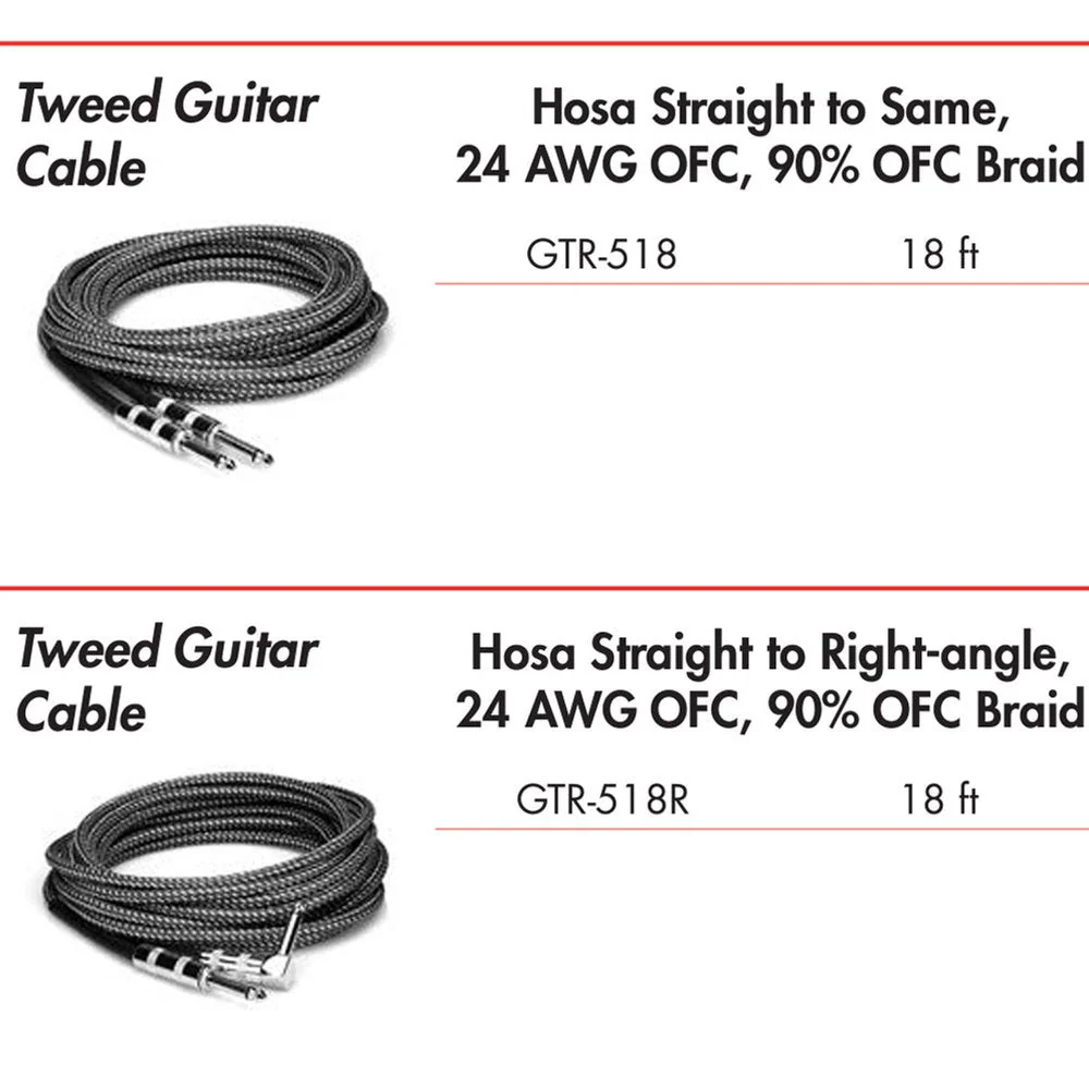 Hosa GTR518R Tweed Guitar Cable RIGHT-ANGLE To Same 18 Ft / 5.4 M - Image 3