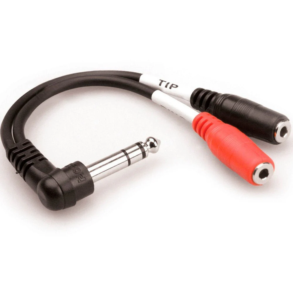 Hosa YPM523 Stereo Breakout Y-Calbe Adapter RIGHT-ANGLE 1/4" TRS To Dual 3.5mm TRS Feamle