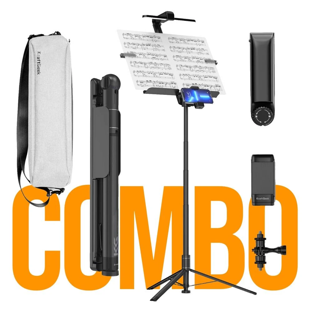 KraftGeek Capsule Foldable Music Stand Combo Pack Stand, Carry Bag, Stand Light & iPad Tablet Mount